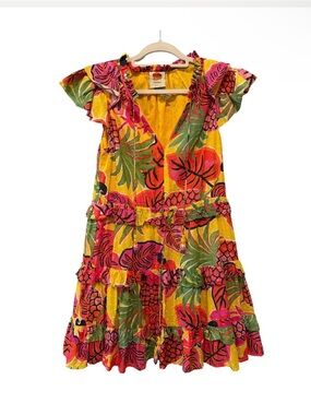 FARM Rio Size Small Yellow Pink Tropical Cotton Ruffle Boho Vacation Mini Dress